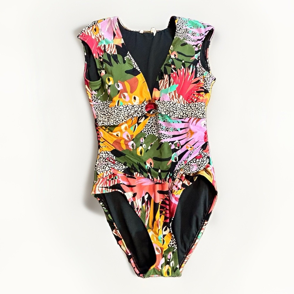 Bleu Rod Beattie One Piece Swimsuit Women 10 Tummy Control V Neck Tropical Print